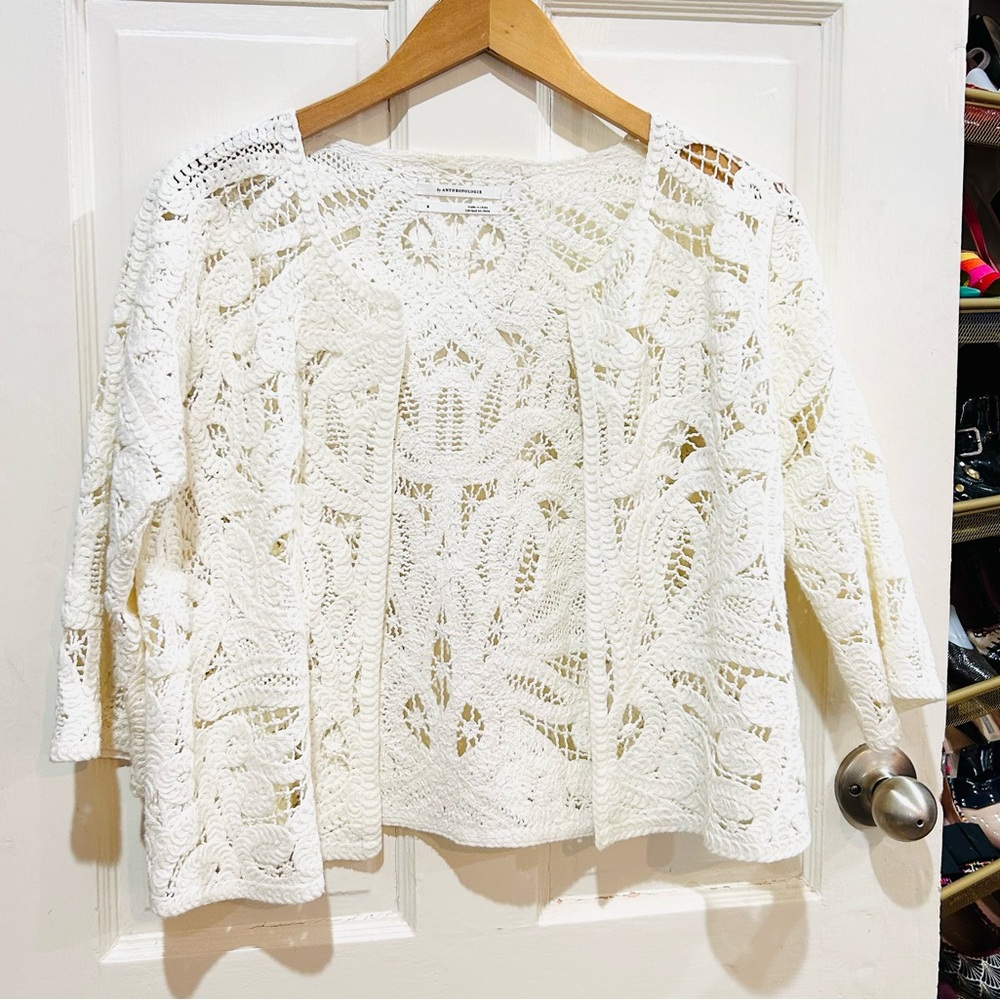 Anthropologie Ivory Crochet Open Front Cardigan Romantic Cottagecore Size S - Picture 3 of 7